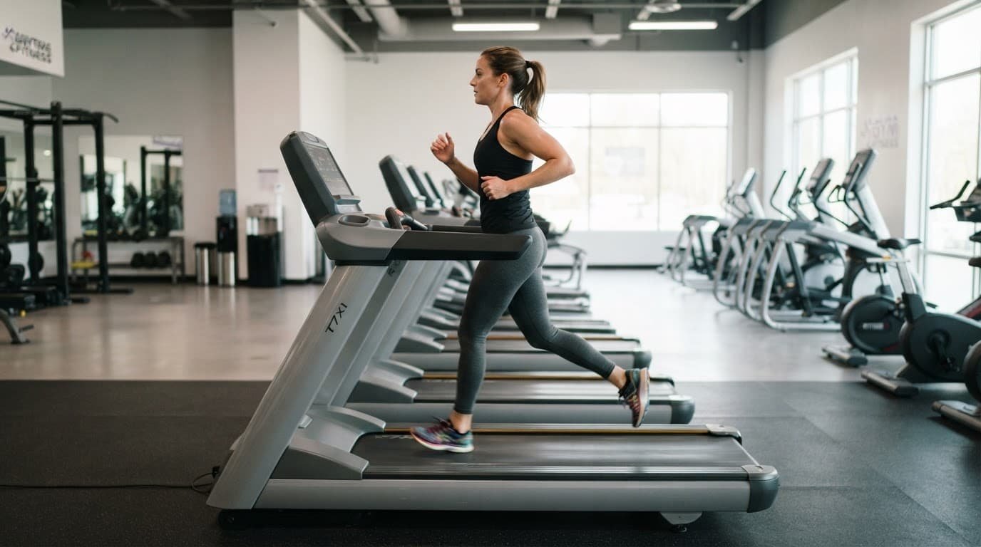 A person running on a treadmill in a brightly lit gym.
