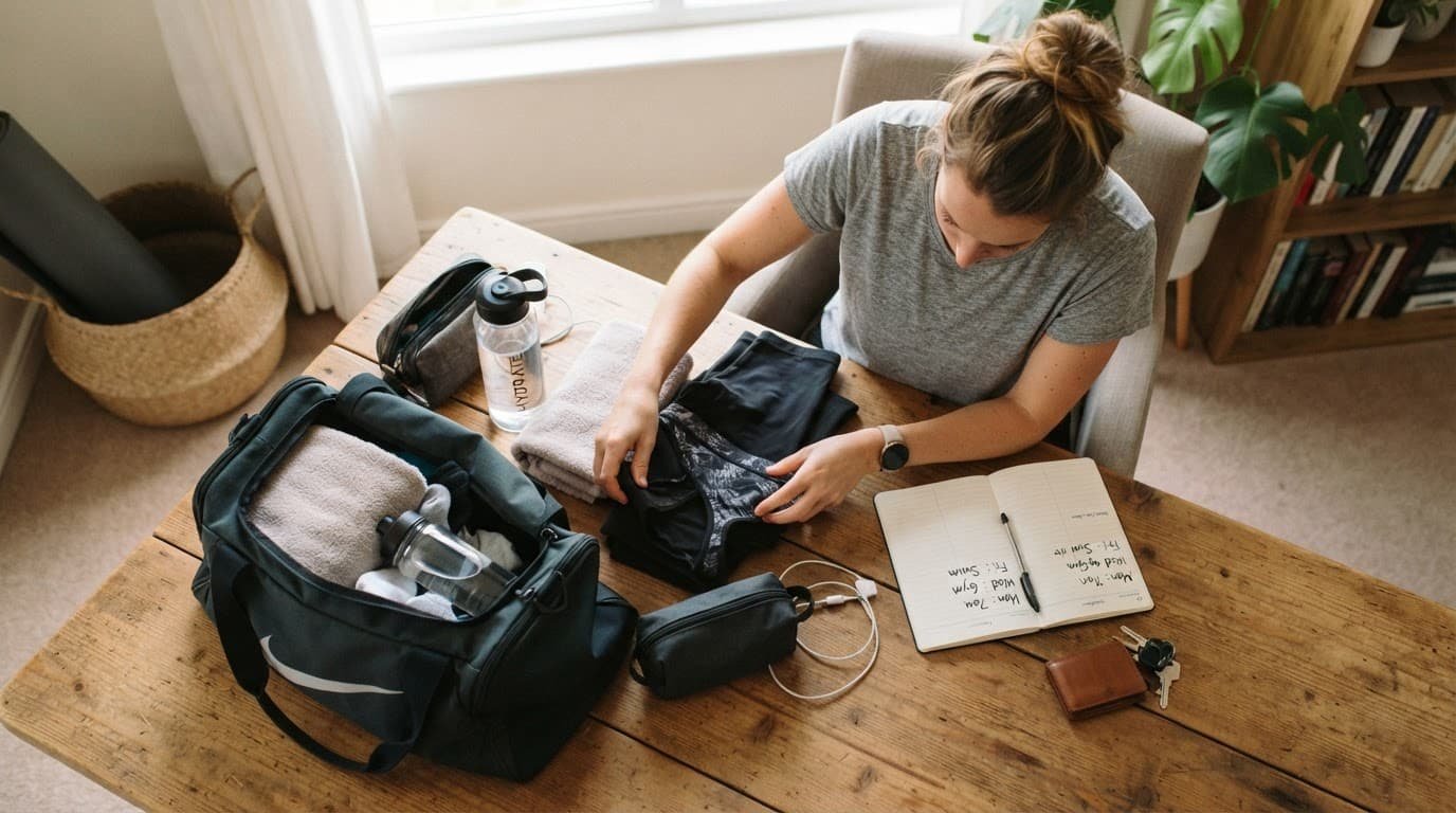 An overhead view of workout clothes, a water bottle, and a notebook on a wooden table.