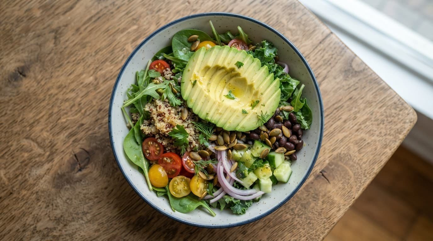 An overhead shot of a healthy bowl filled with greens, quinoa, tomatoes, and sliced avocado.