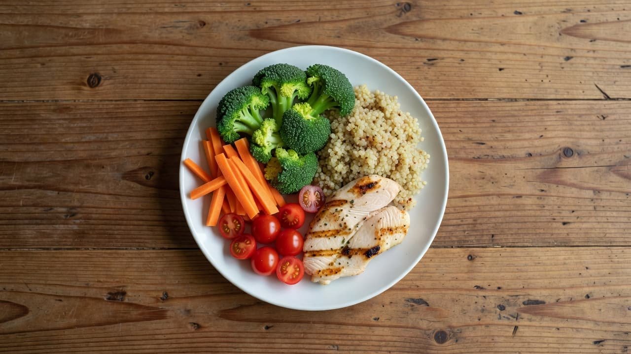 An overhead view of a healthy plate with chicken, quinoa, and vegetables on wood.