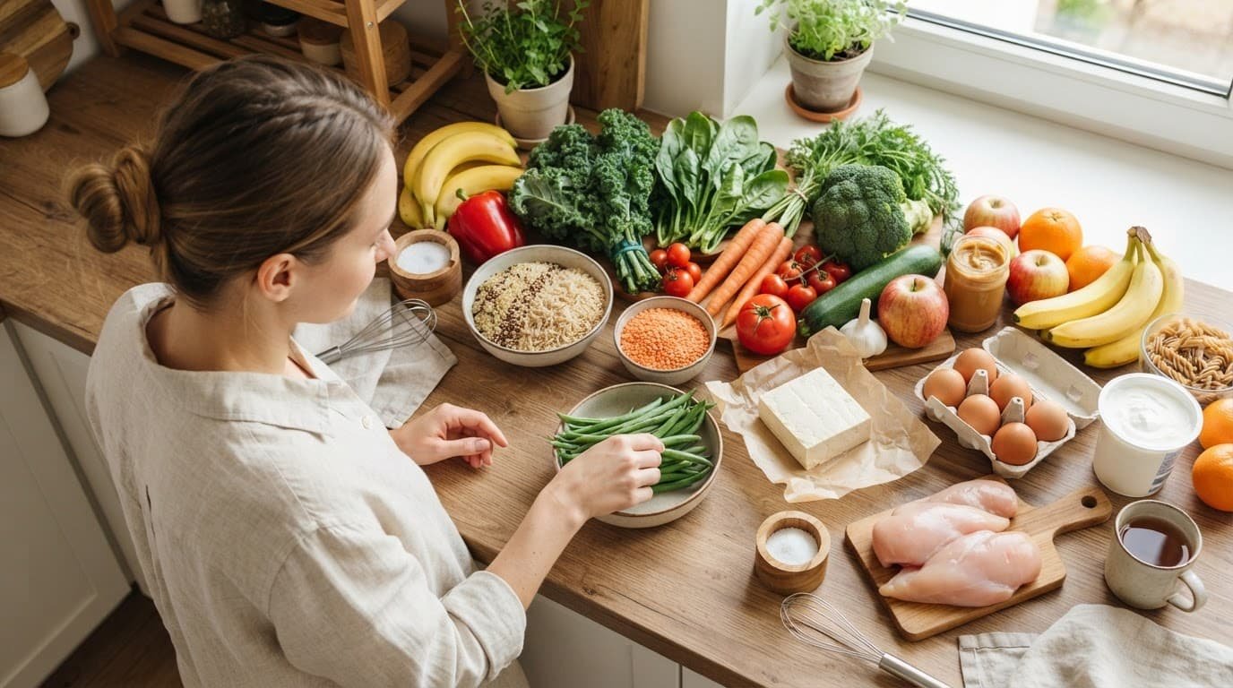 An arrangement of fresh vegetables, grains, and proteins on a wooden counter.
