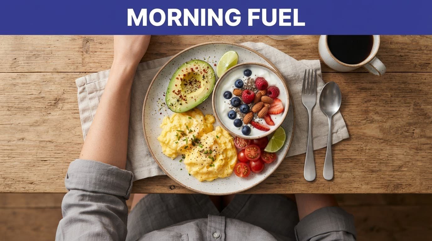 An overhead view of a healthy breakfast plate with eggs, yogurt, berries, and avocado on wood.