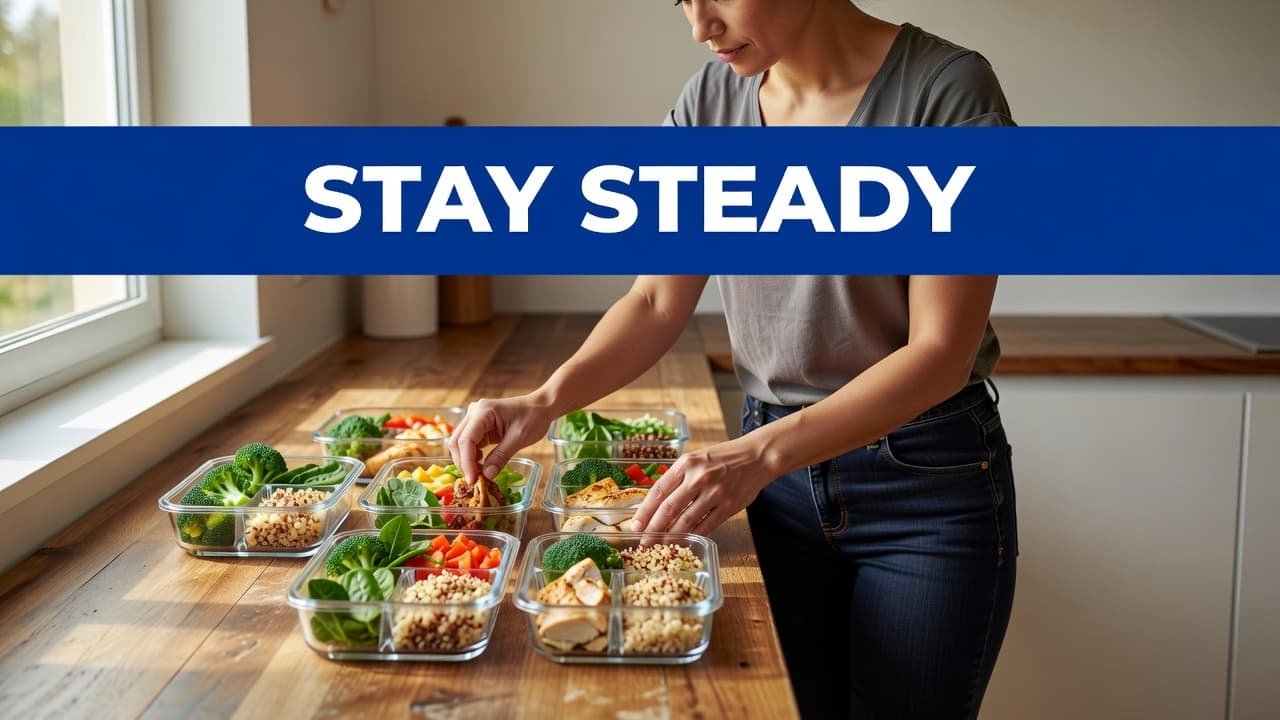 A person organizing healthy meal prep containers on a wooden kitchen counter.