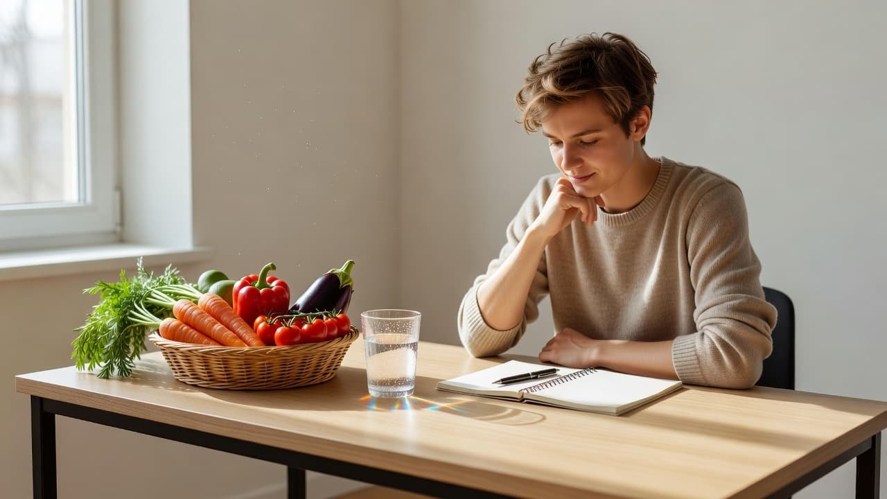 A clean desk with fresh vegetables, a notepad, and water in bright natural light.