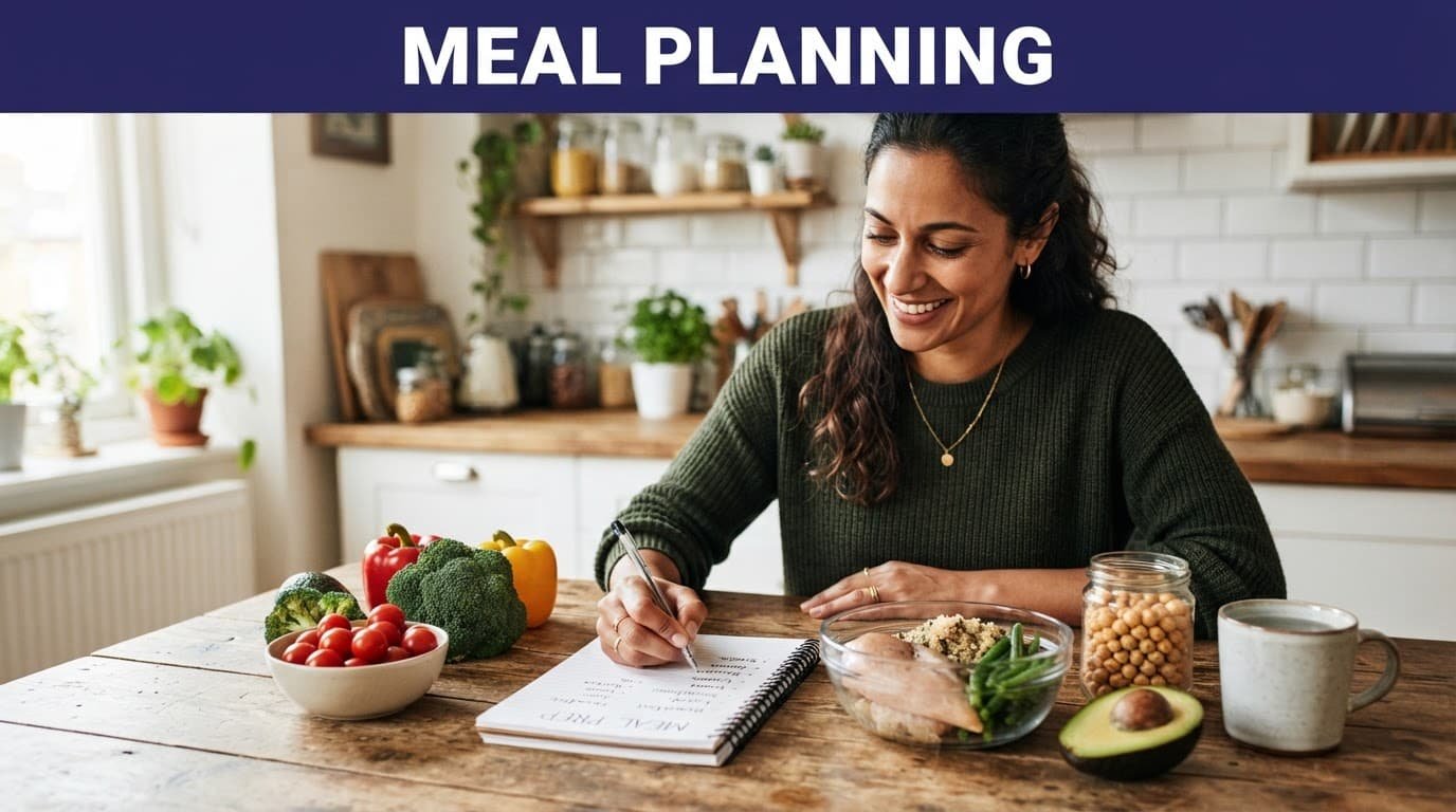 A person planning meals with fresh vegetables at a wooden kitchen table.