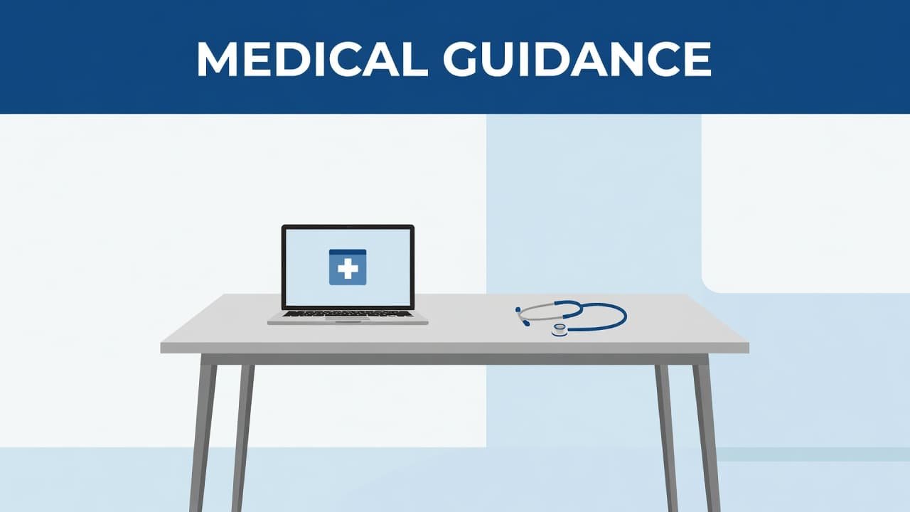 A clean desk with a laptop and stethoscope in a modern medical office.