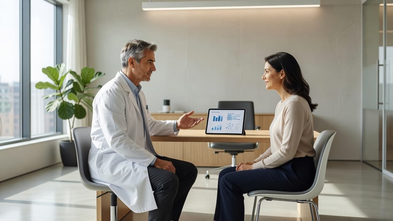 A doctor in a modern office consulting with a patient about health options.