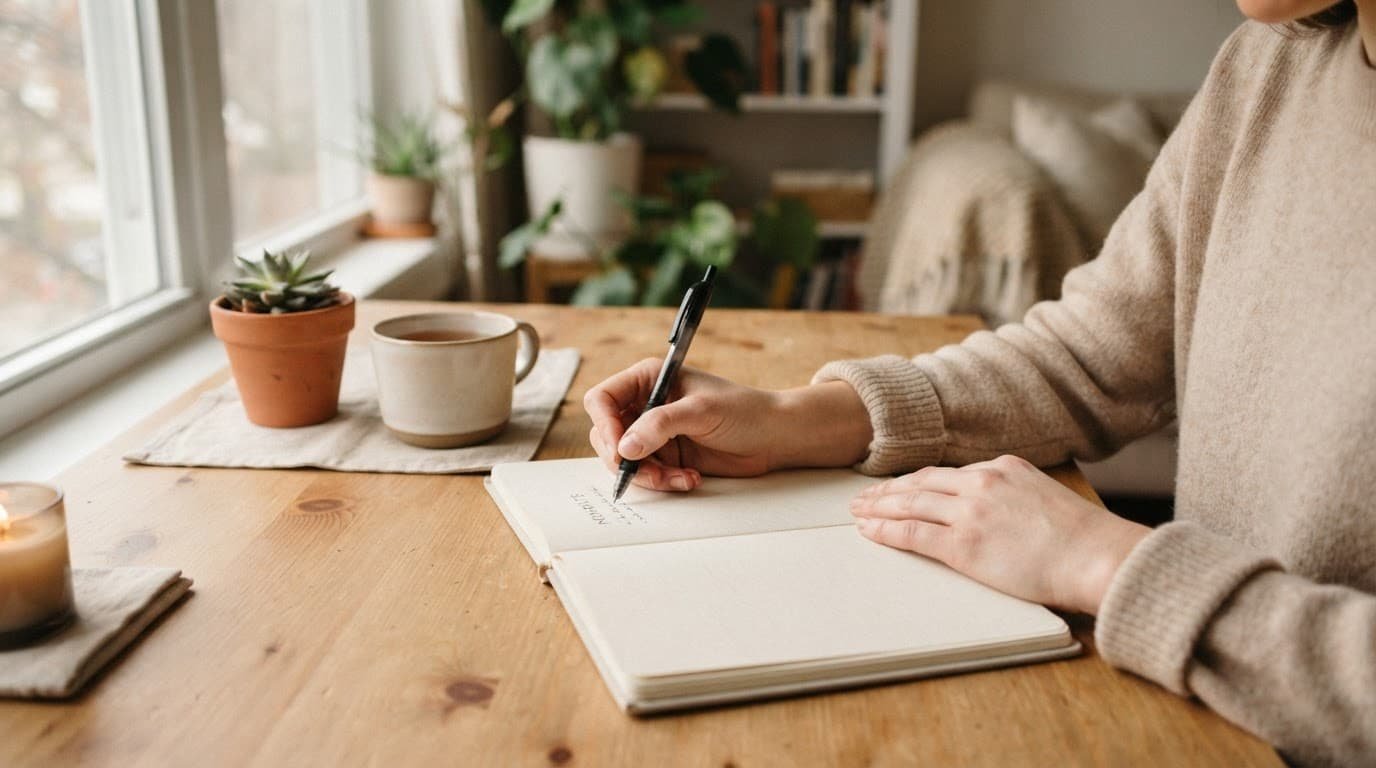 A person writing in an open journal on a wooden desk.