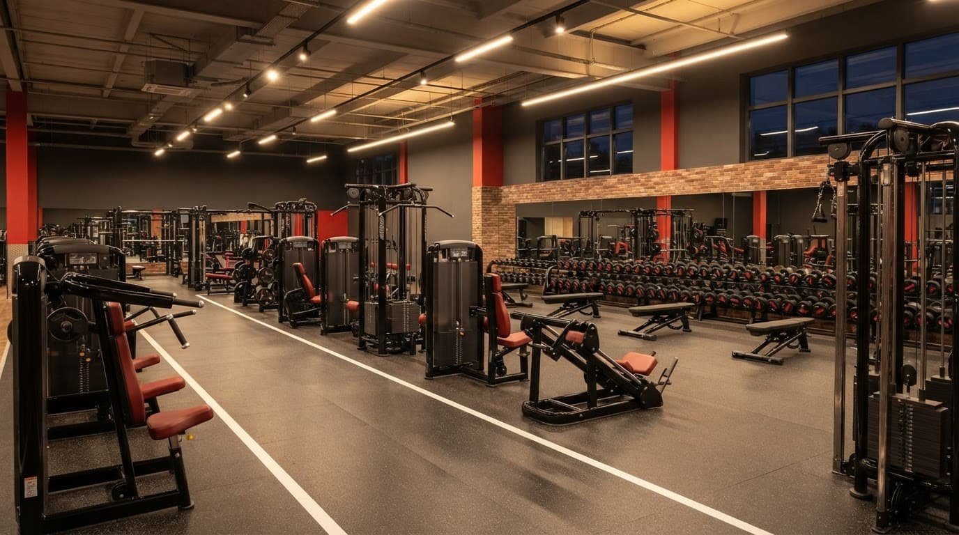 Rows of strength machines and dumbbell racks inside a brightly lit modern gym.
