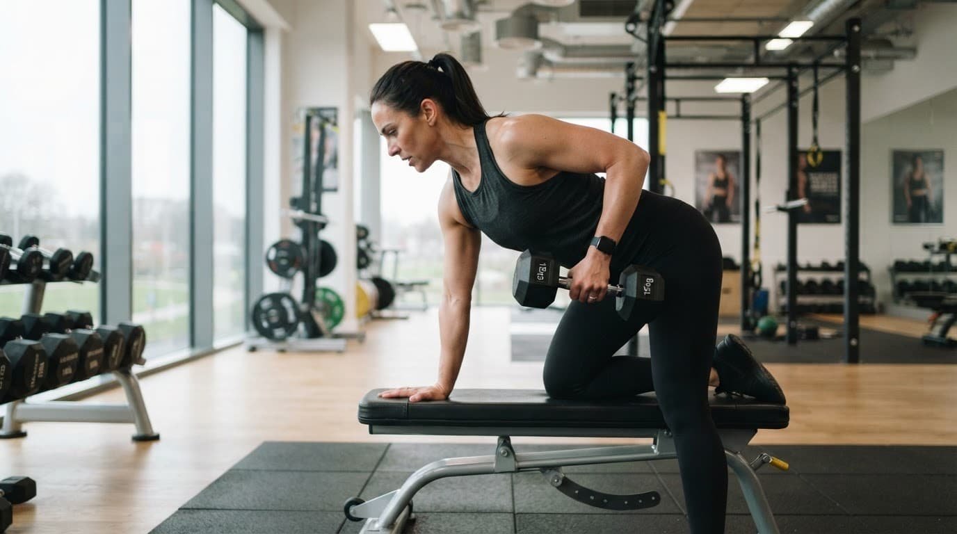 A parent doing strength training with a dumbbell in a modern gym.