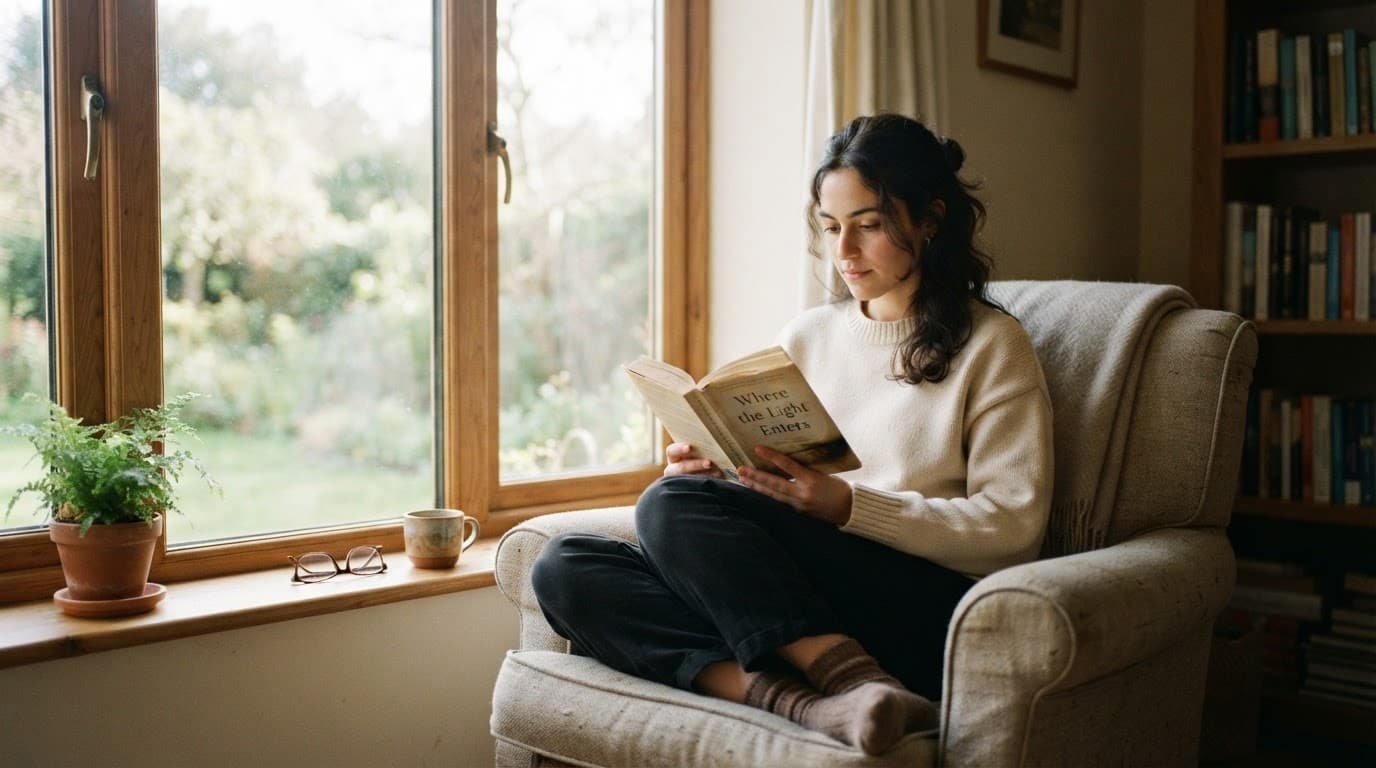 A person reads an open book beside a sunlit window.