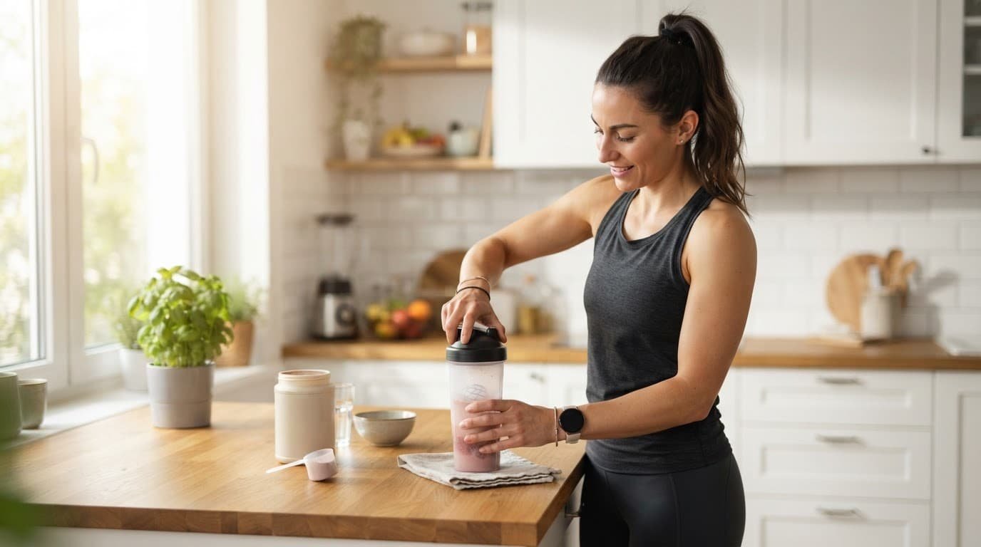 A fitness enthusiast mixes powder in a shaker bottle on a wooden kitchen counter.