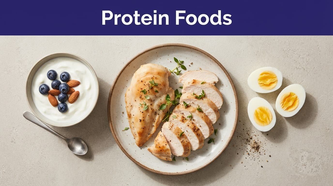 Flat lay of chicken breast, eggs, and Greek yogurt on a neutral table under an indigo headline band.