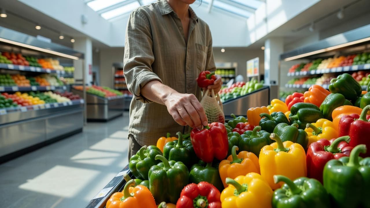 A person selecting fresh bell peppers in a brightly lit grocery store aisle.