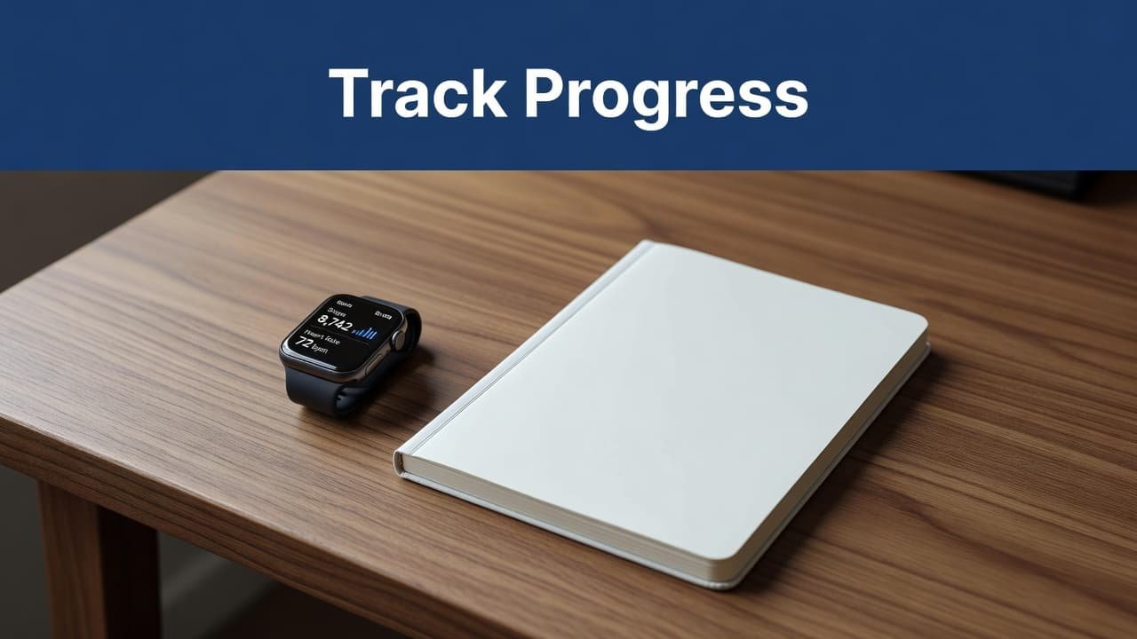 A smartwatch and notebook on a wooden desk with an indigo color band at the top.