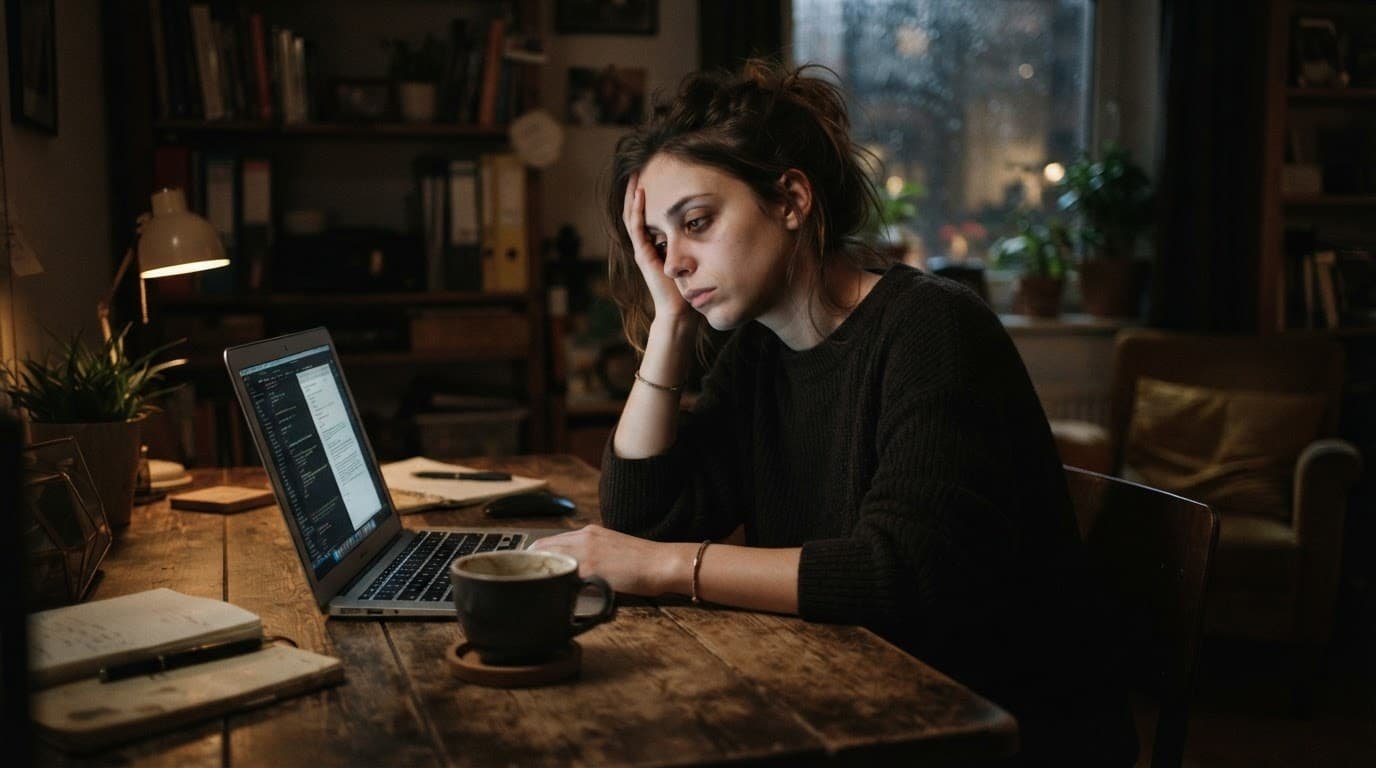 A tired person sitting at a desk with a laptop and coffee in a dark room.