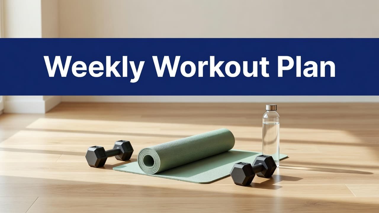 A yoga mat, dumbbells, and water bottle on a sunny wooden floor.