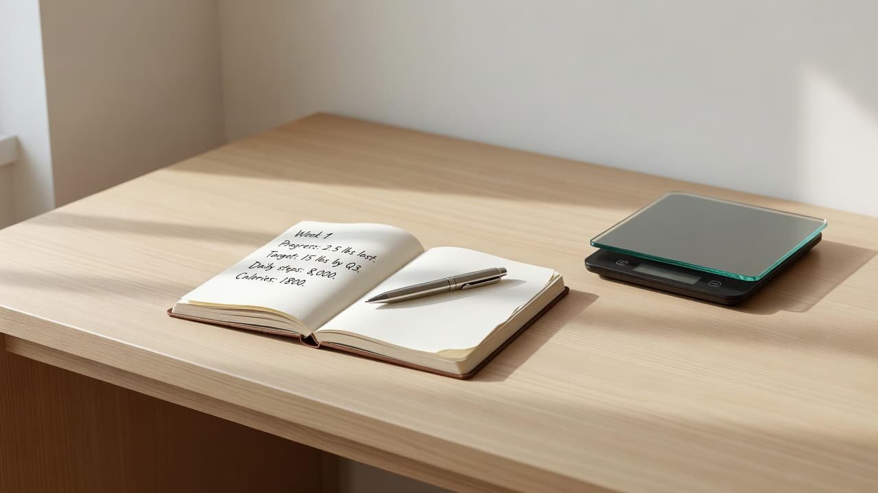 An open journal, pen, and digital scale sit on a clean desk in morning light.