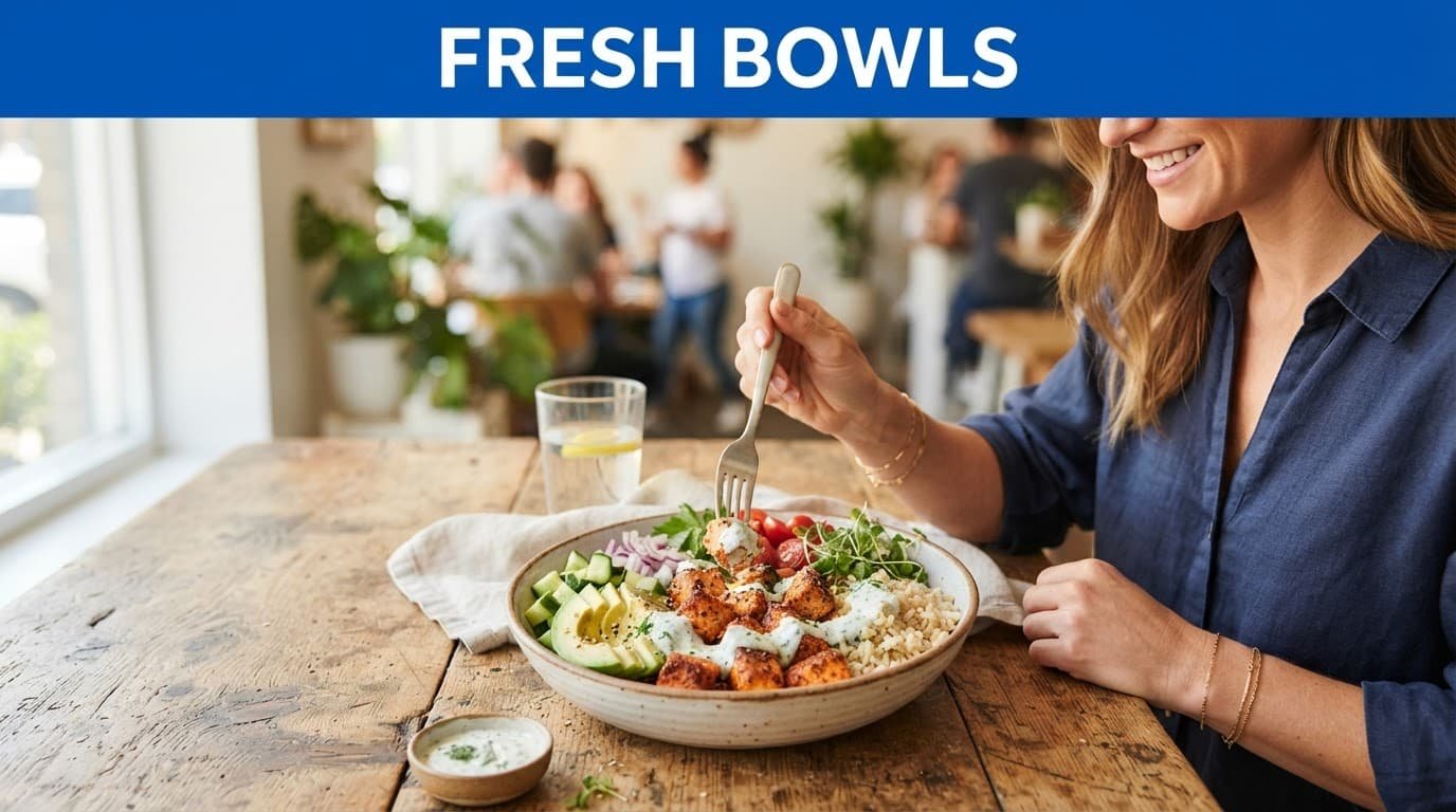 A salmon bowl with rice, avocado, and herb yogurt sauce on a wooden table.