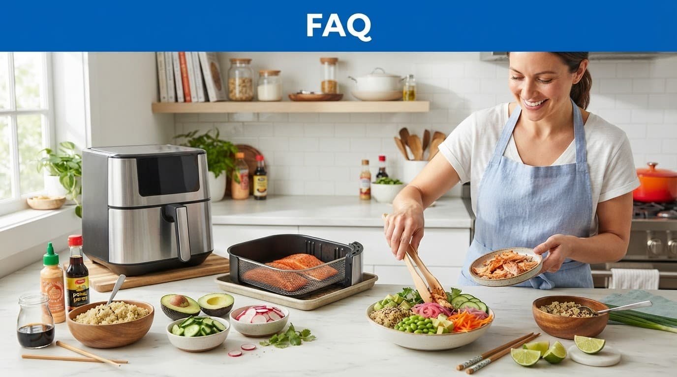 Fresh ingredients for salmon bowls arranged on a kitchen counter beneath a blue FAQ banner.