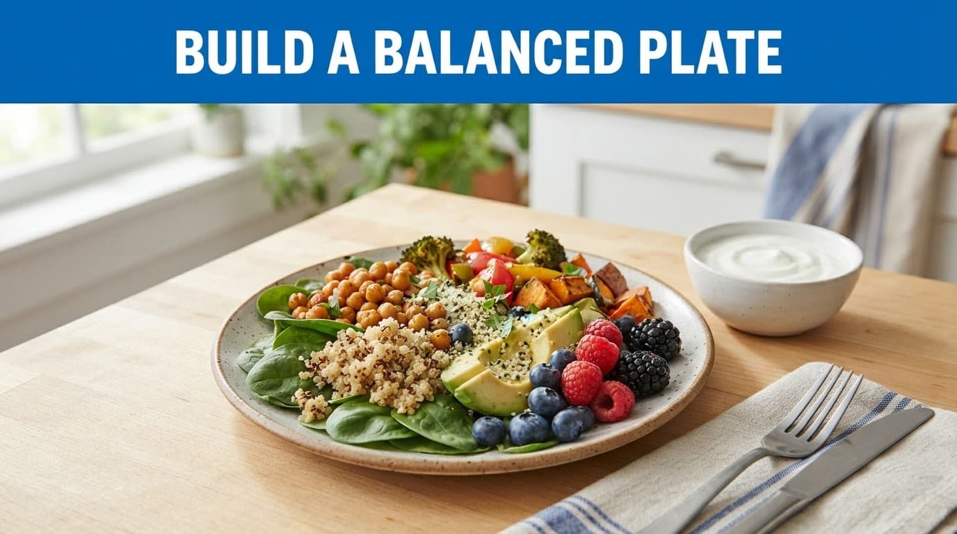 A plate of spinach, quinoa, beans, vegetables, fruit, and yogurt on a kitchen table.