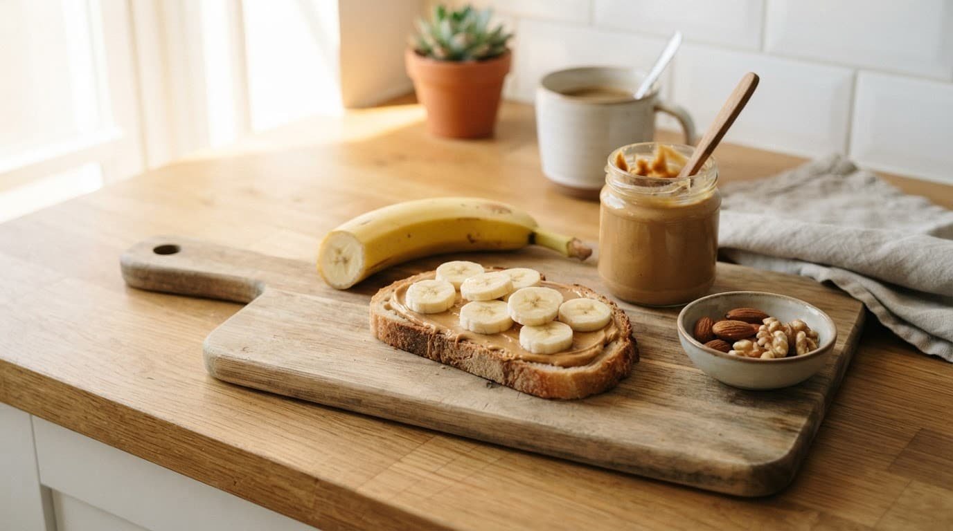 Banana, toast, and nut butter on a sunlit kitchen counter.