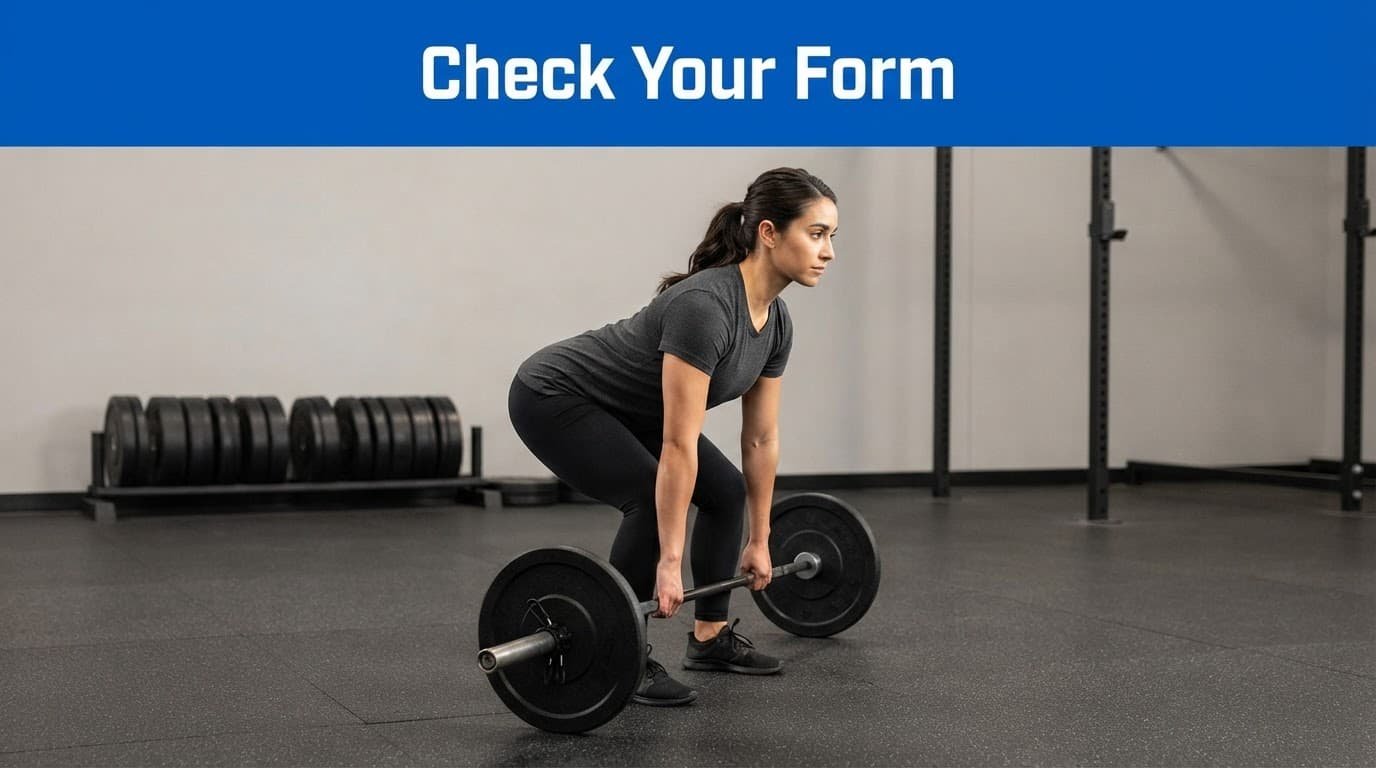 A beginner holds a barbell near the shins with a flat back in a gym.
