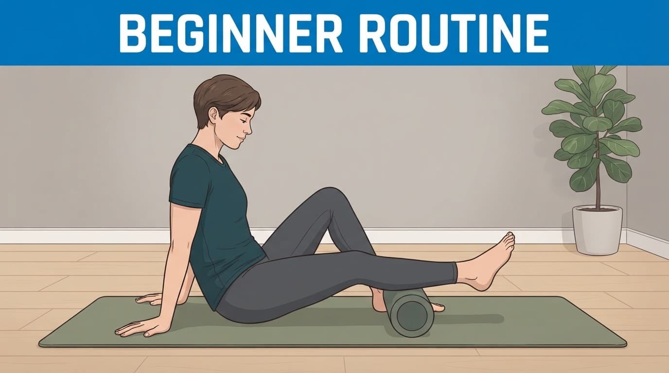 Beginner seated on a mat using a foam roller for gentle calf mobility.
