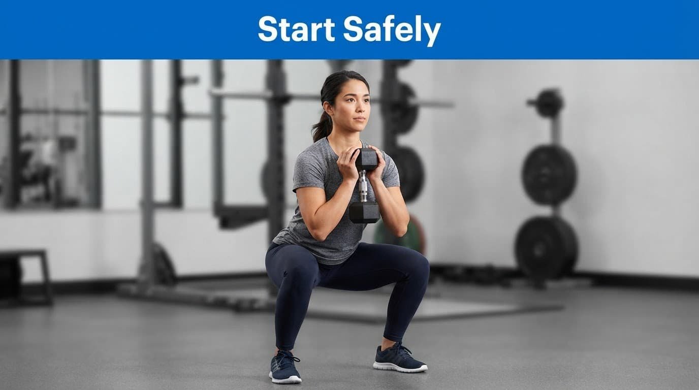 A beginner performs a goblet squat with one dumbbell in a modern gym.