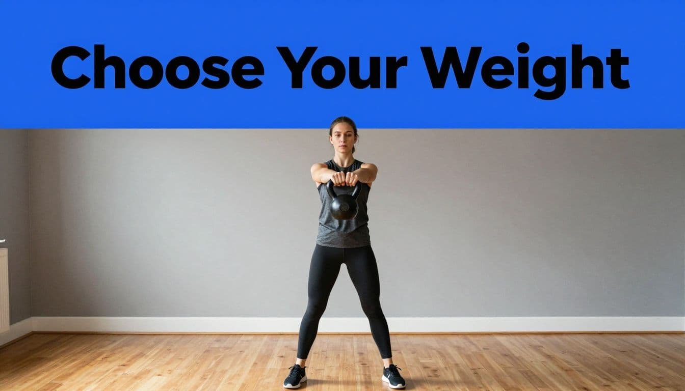 Beginner adult doing a two-handed kettlebell swing in a home gym.
