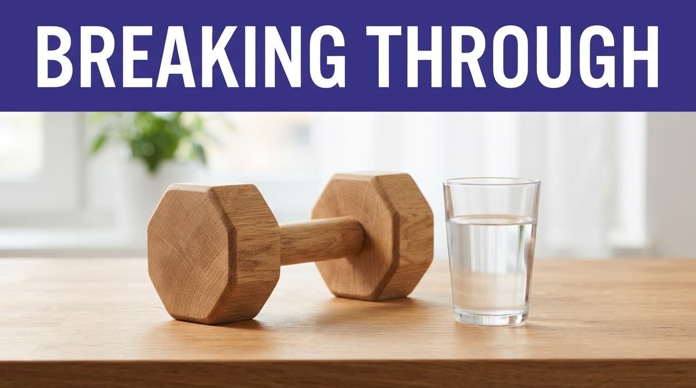 A wooden dumbbell and water glass sit beneath a bold indigo BREAKING THROUGH banner.