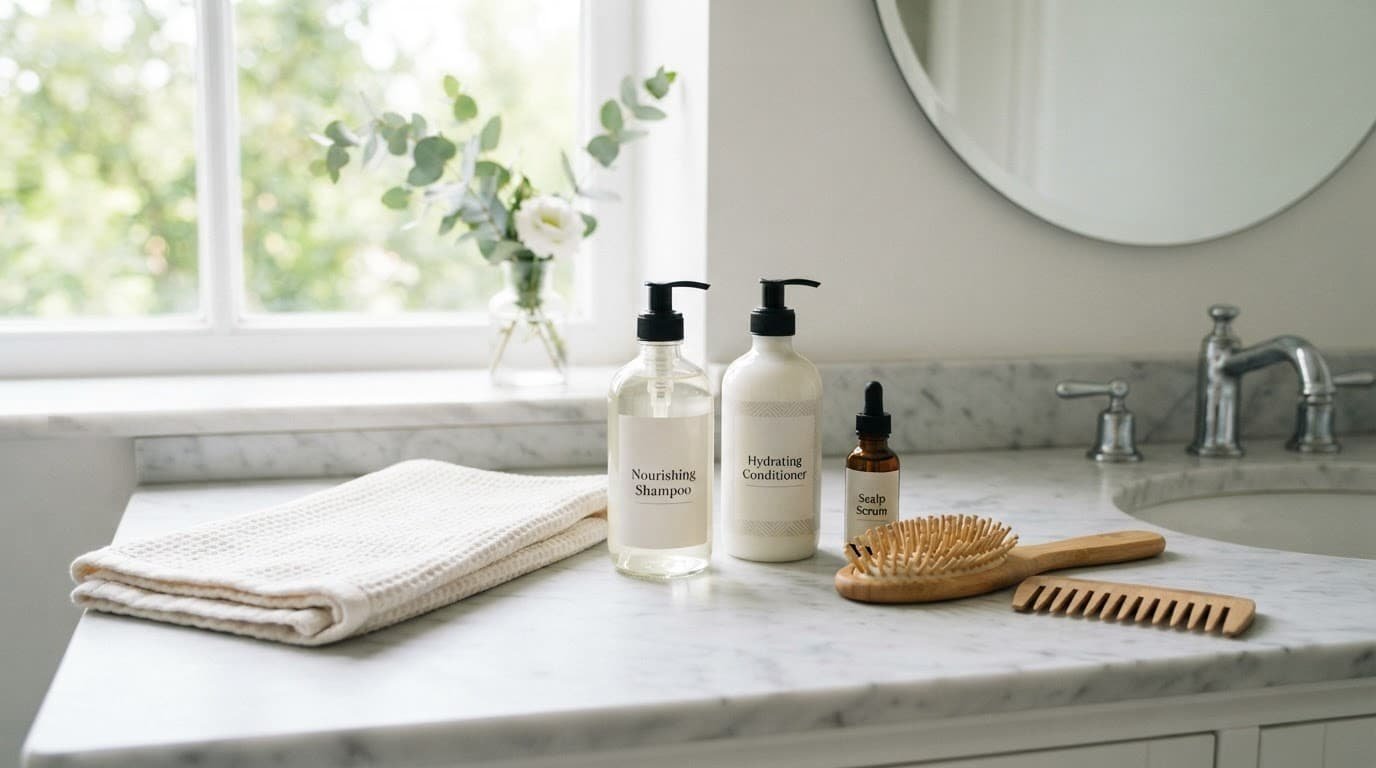 Hair care products and a folded towel on a bright bathroom counter.