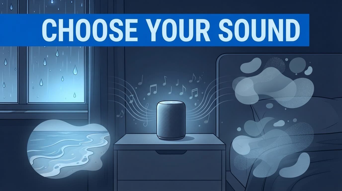 Speaker surrounded by music notes, rain, ocean waves, and ambient shapes in a dark bedroom.