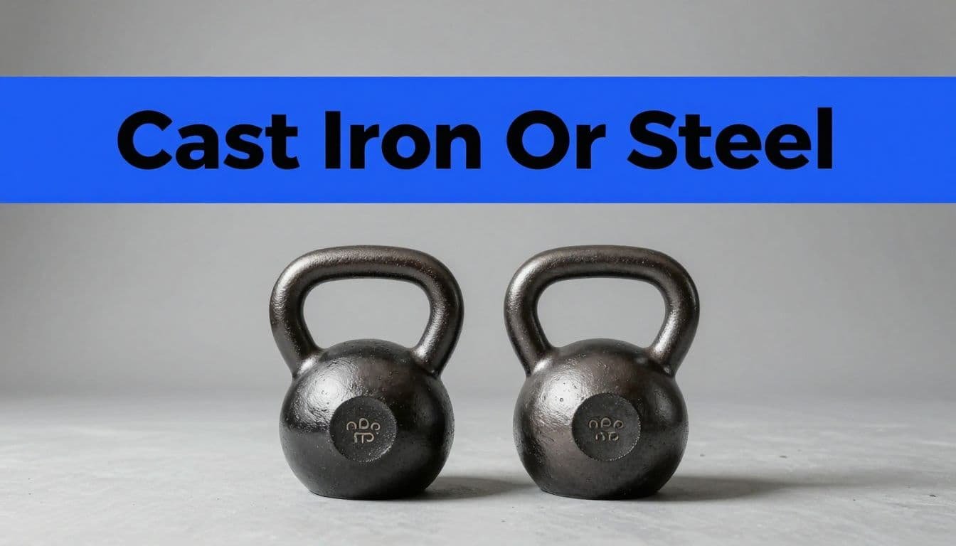 Two kettlebells sit side by side on a gray gym floor beneath a blue header.
