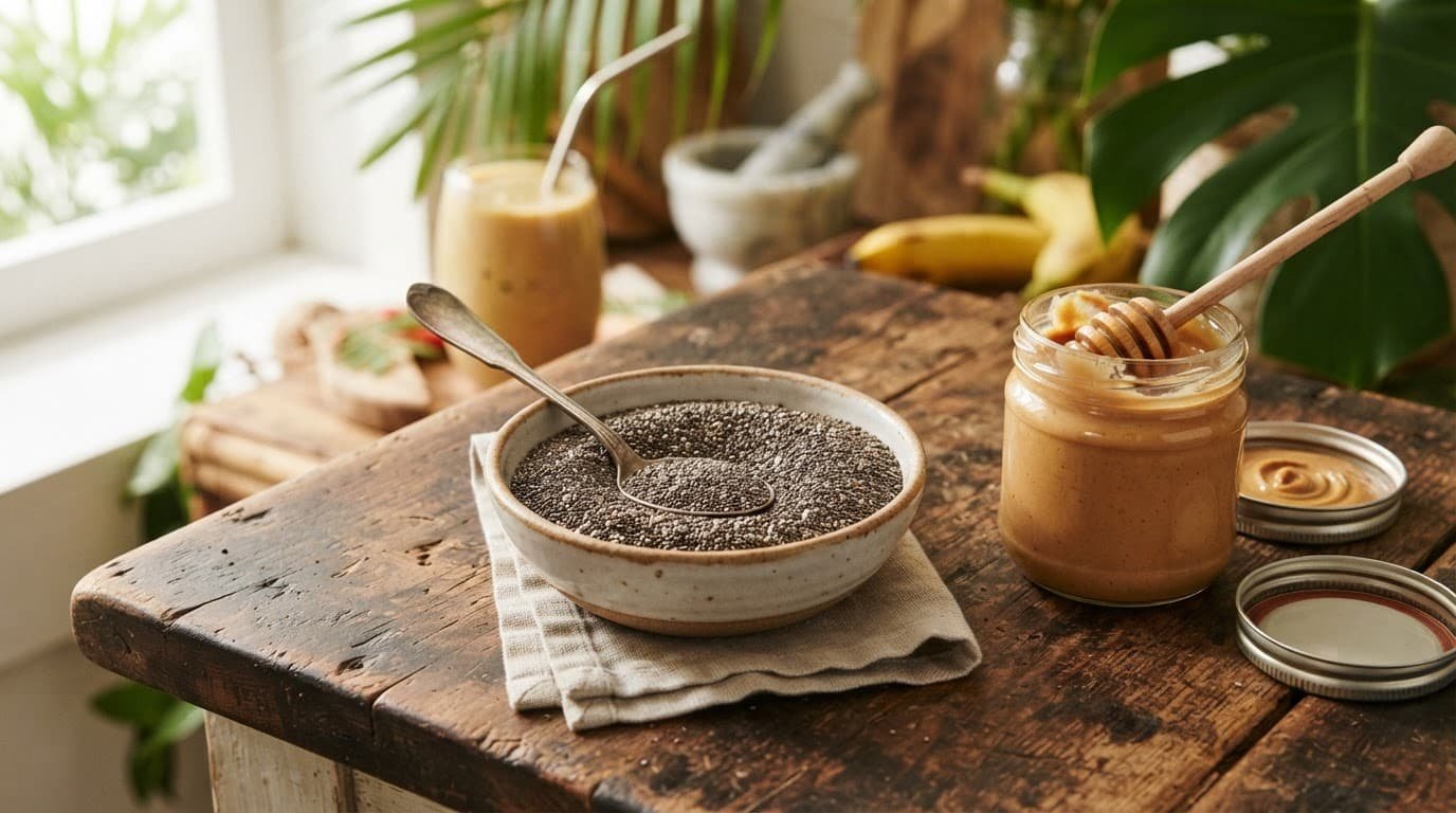Chia seeds and peanut butter sit on a rustic wooden counter.