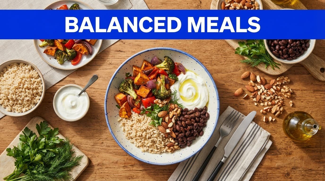 Overhead view of a colorful grain bowl with vegetables, beans, yogurt, herbs, and nuts.