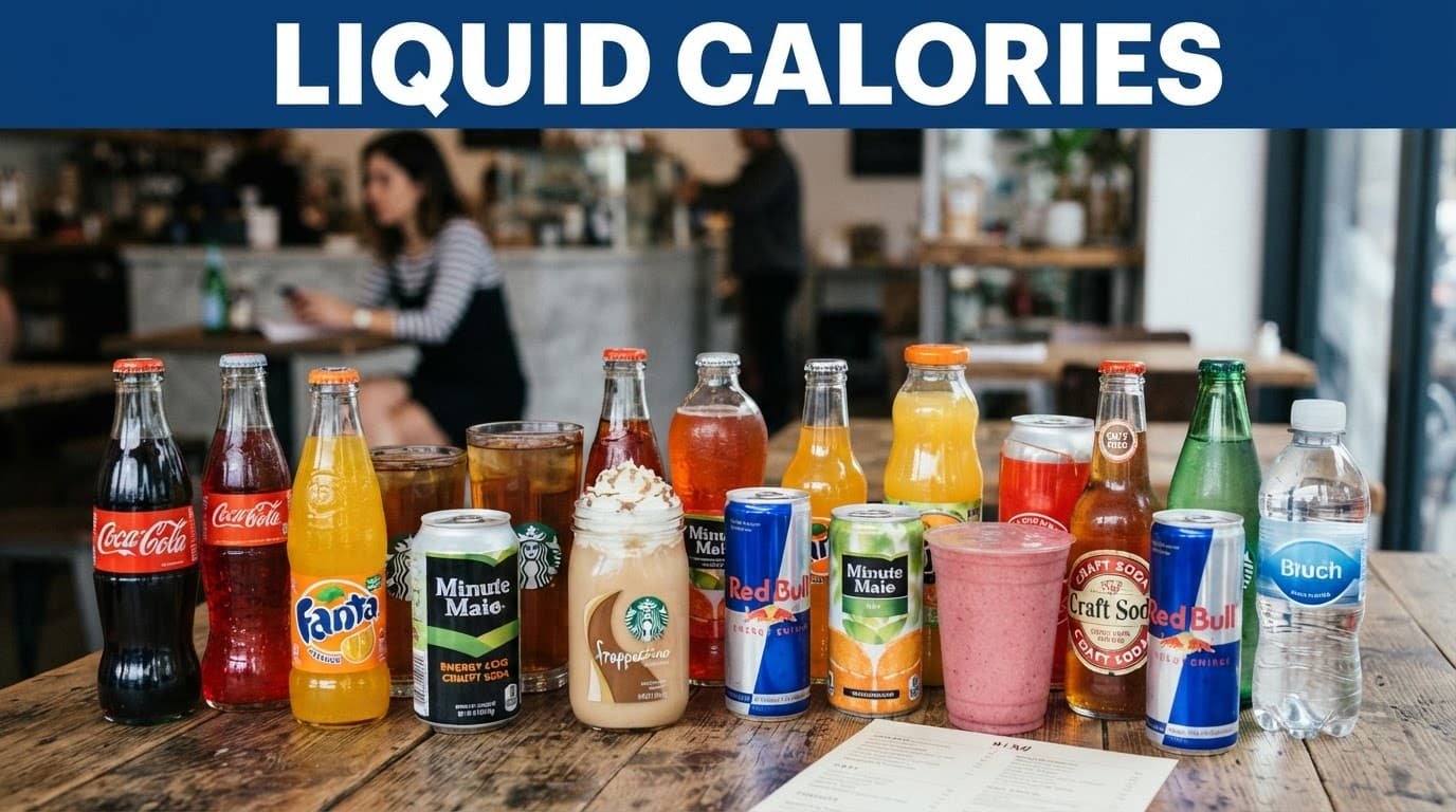 Colorful drinks sit on a wooden table with a blurred person behind them.