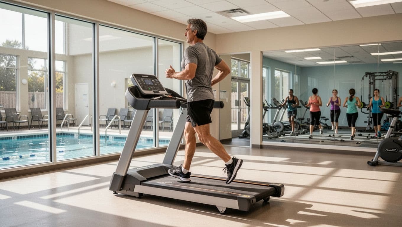 One adult uses a treadmill in a bright gym with a pool visible behind.