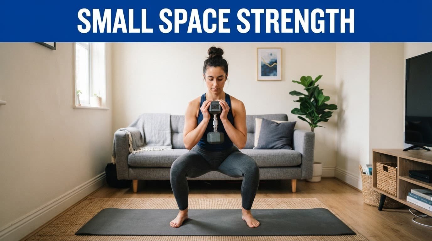 Adult doing a goblet squat with one dumbbell on a mat in a small living room.