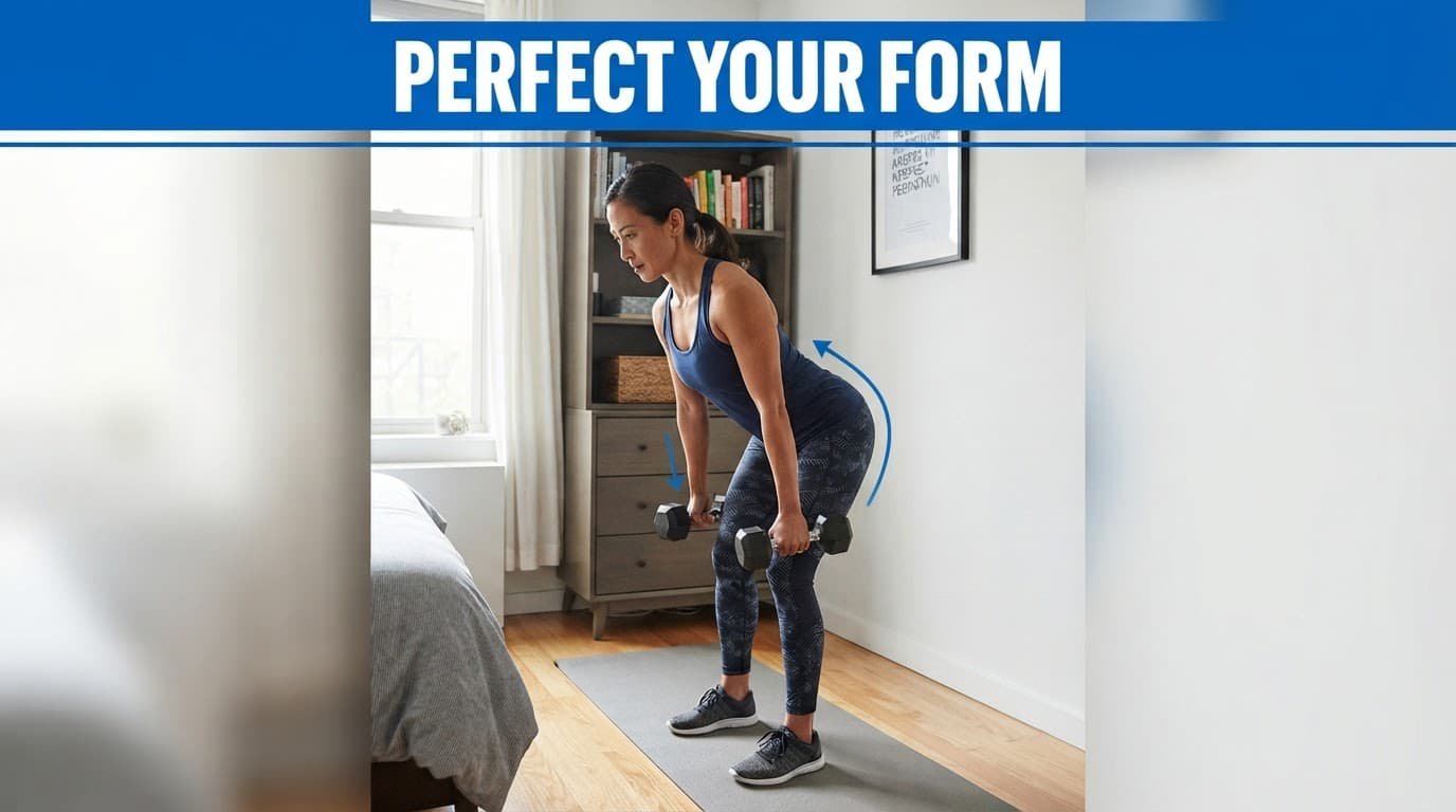 An adult demonstrates a flat-back dumbbell deadlift in a small room.