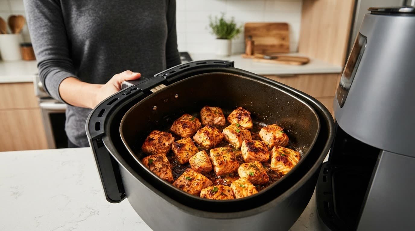 Golden salmon cubes cook in an air fryer basket beneath a blue headline band.