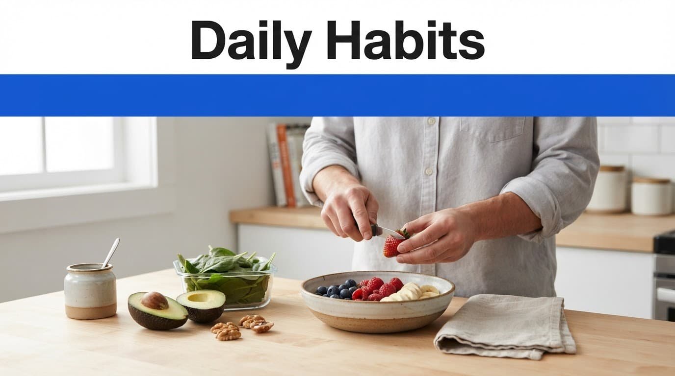 Person preparing a bowl of fruit and whole foods on a sunlit kitchen counter.