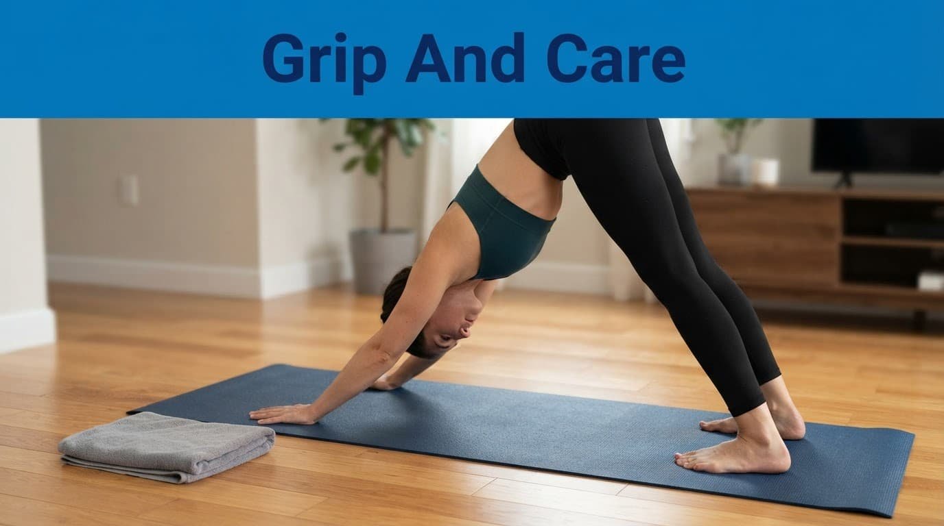 Person practicing downward-facing dog on a yoga mat in a tidy living room.