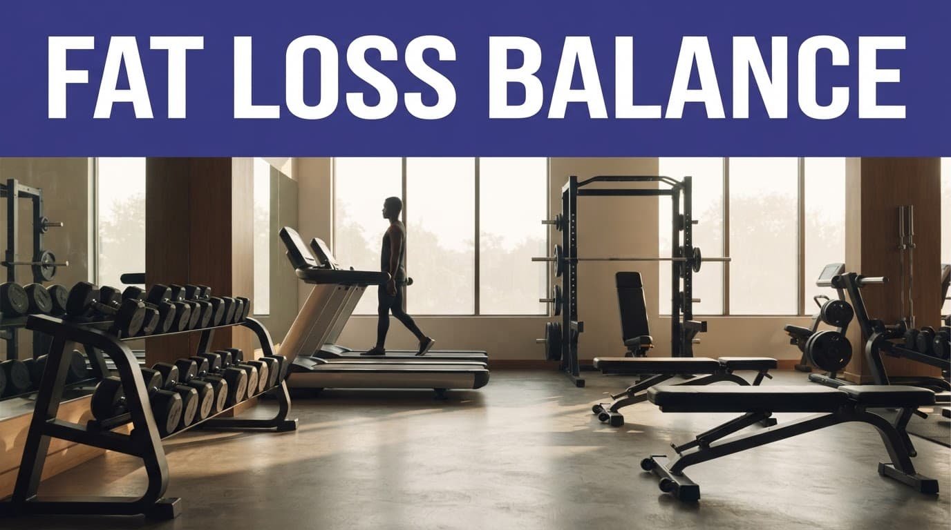A gym with dumbbells, a treadmill, and one distant person beneath a FAT LOSS BALANCE headline.