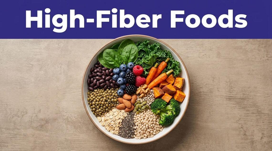 A colorful bowl of beans, grains, berries, greens, vegetables, nuts, and seeds under an indigo banner.