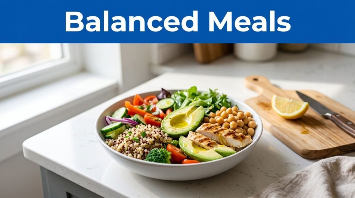 A colorful grain bowl with vegetables, chicken, avocado, and lemon on a bright kitchen counter.