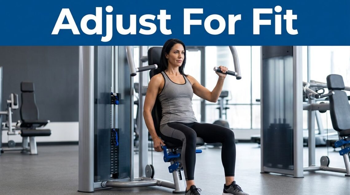 Woman checking the height and handles on a chest-press machine.