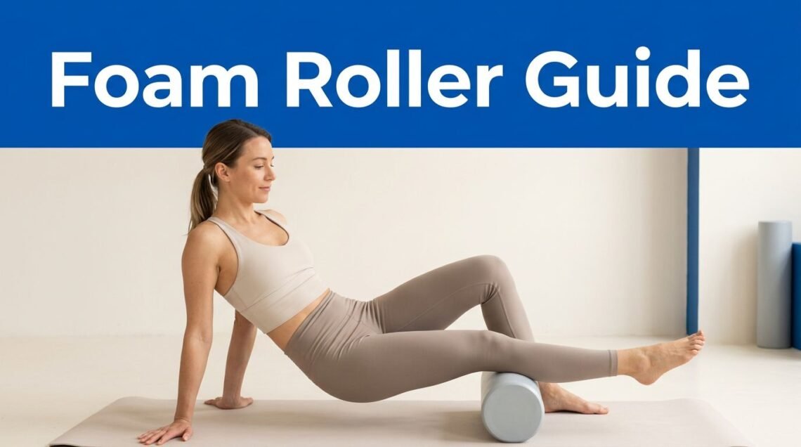 Woman gently rolling her calf on a foam roller in a bright studio.