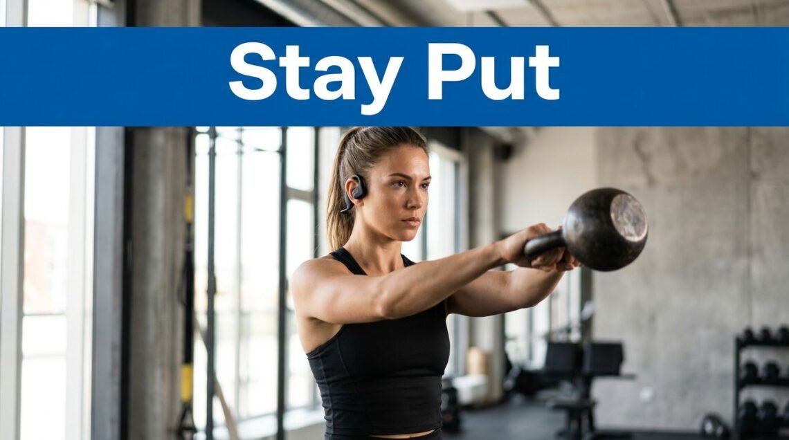 Woman doing a kettlebell swing while wearing black workout headphones.