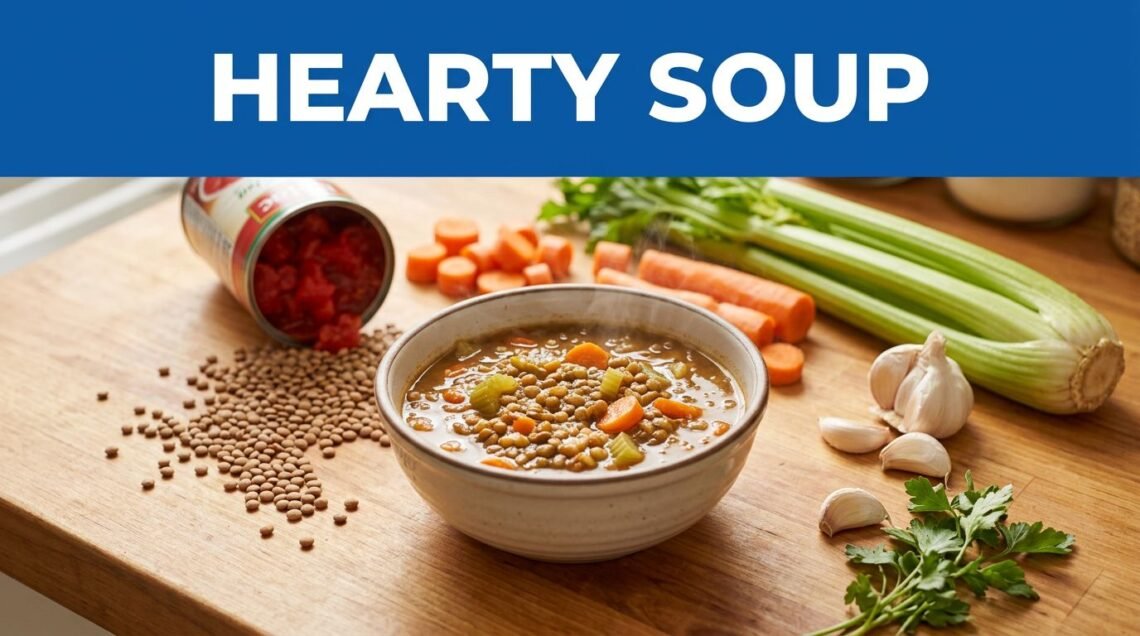 A steaming bowl of lentil soup with vegetables, lentils, tomatoes, and herbs on a wooden counter.